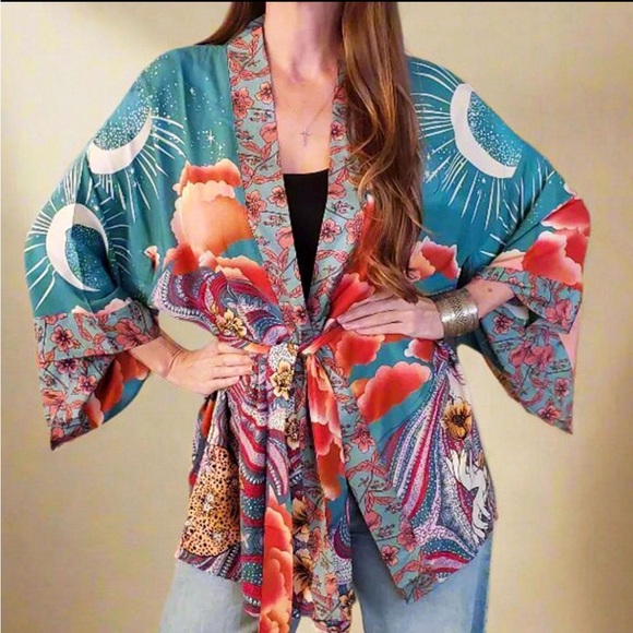 Teal Stargazer Kimono Short Robe Lightweight Cover Up Festival Beach Layer Boho - Picture 8 of 16